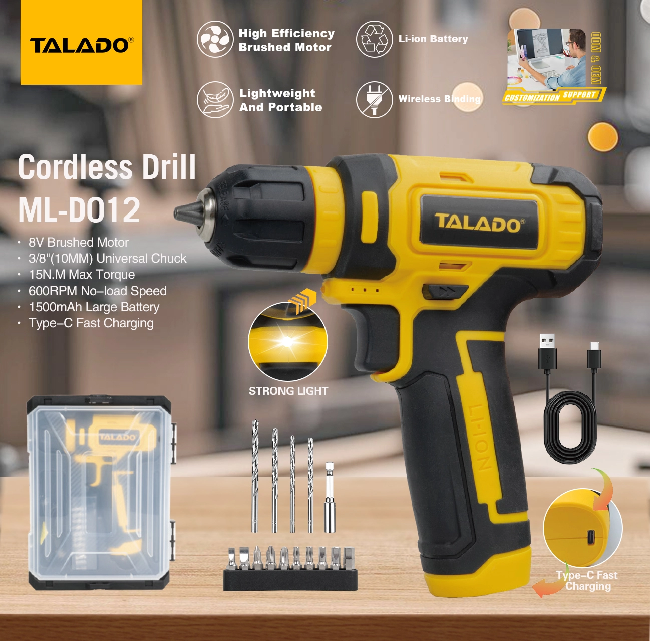 Mini taladro inal&aacute;mbrico de 8V tipo C, taladro el&eacute;ctrico dom&eacute;stico de carga r&aacute;pida