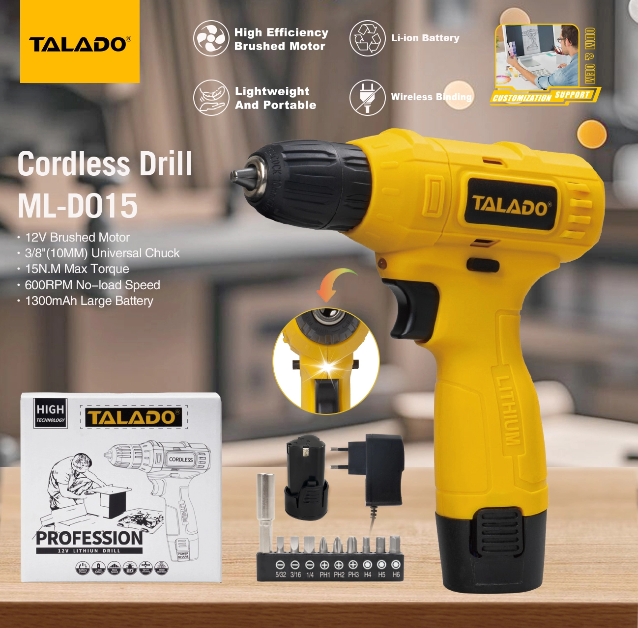 Taladro el&eacute;ctrico inal&aacute;mbrico recargable ligero de 12V, taladro el&eacute;ctrico compacto de mano para reparaci&oacute;n diaria en el hogar