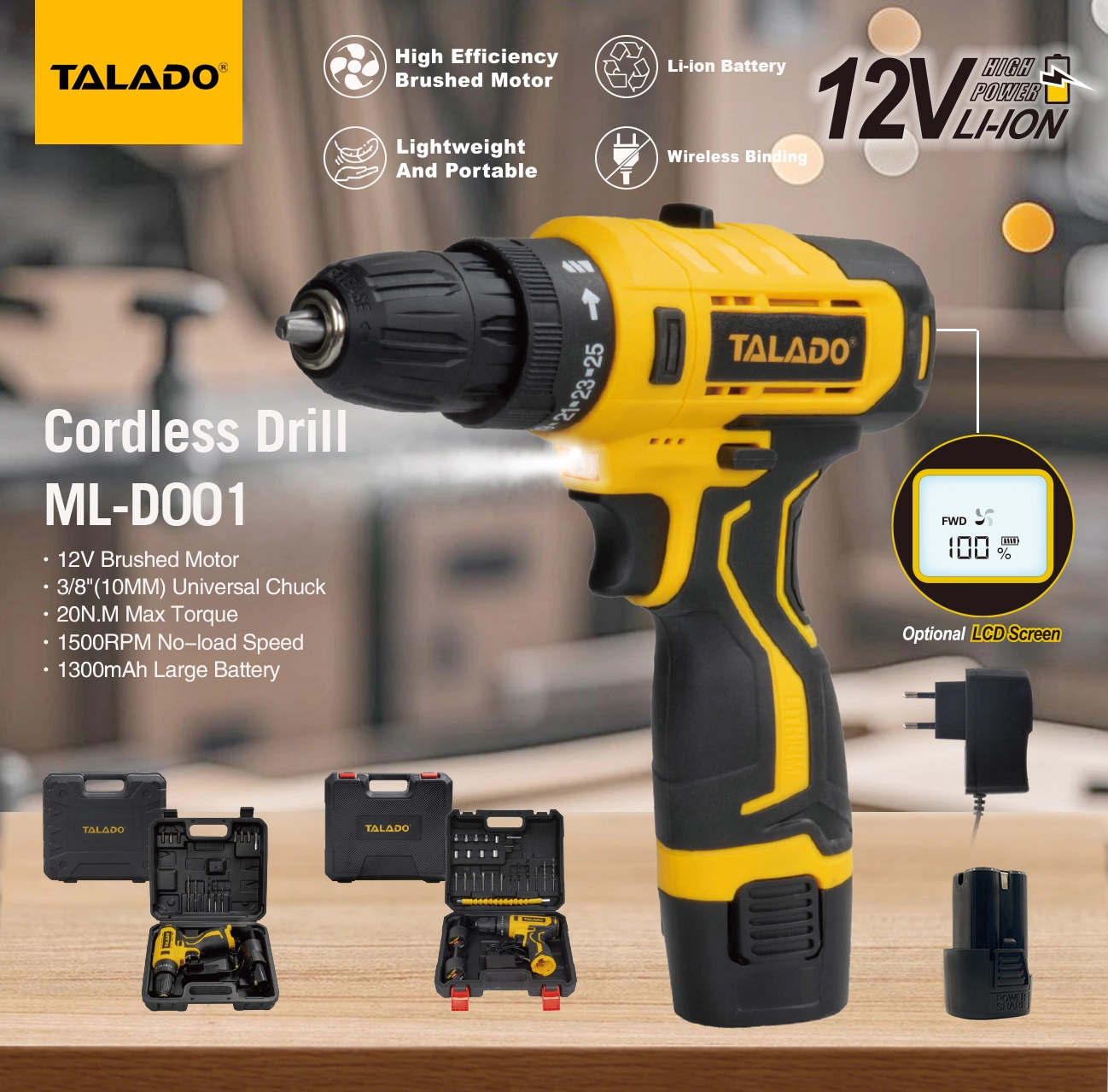 Taladro inal&aacute;mbrico de alto par y dos velocidades de 12V con pantalla digital opcional para trabajos de renovaci&oacute;n de bricolaje en el hogar