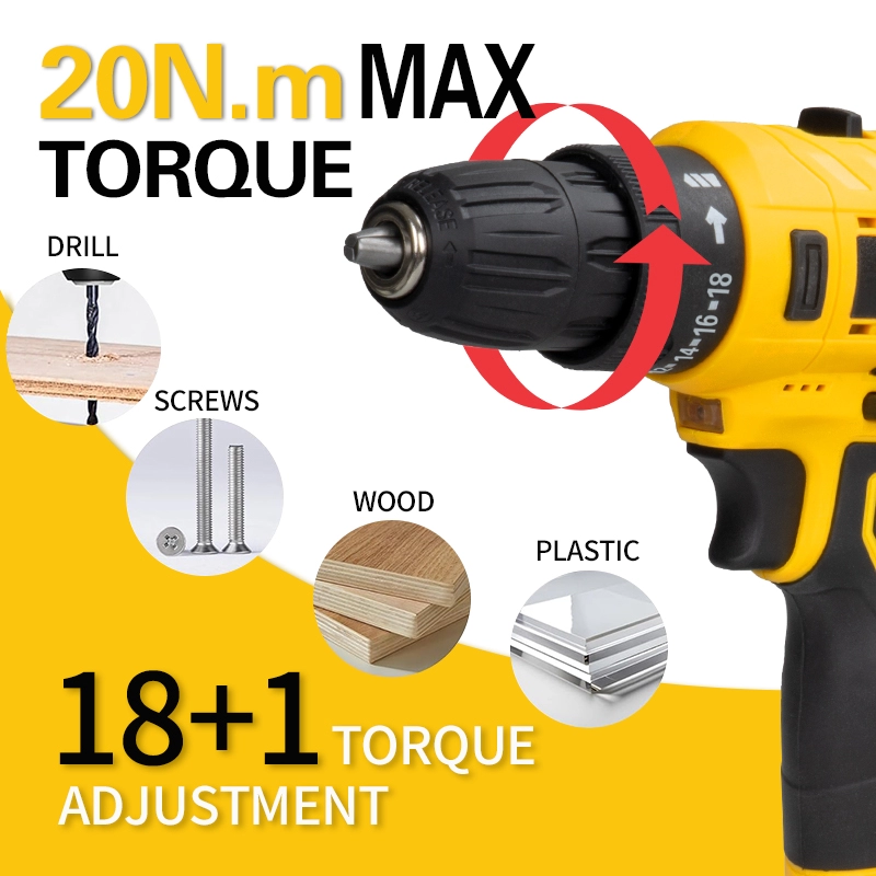 Taladro inal&aacute;mbrico de alto par y dos velocidades de 12V con pantalla digital opcional para trabajos de renovaci&oacute;n de bricolaje en el hogar
