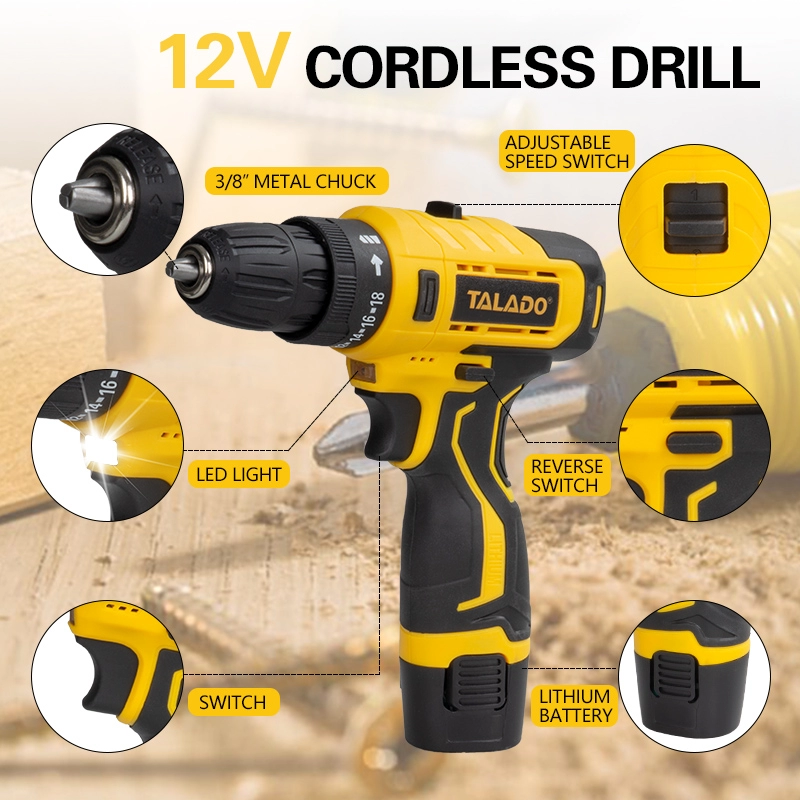 Taladro inal&aacute;mbrico de alto par y dos velocidades de 12V con pantalla digital opcional para trabajos de renovaci&oacute;n de bricolaje en el hogar