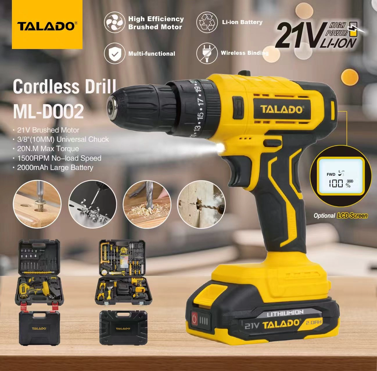 Taladro inal&aacute;mbrico de dos velocidades de litio de 21 V con pantalla digital opcional para tareas pesadas de renovaci&oacute;n de bricolaje en el hogar