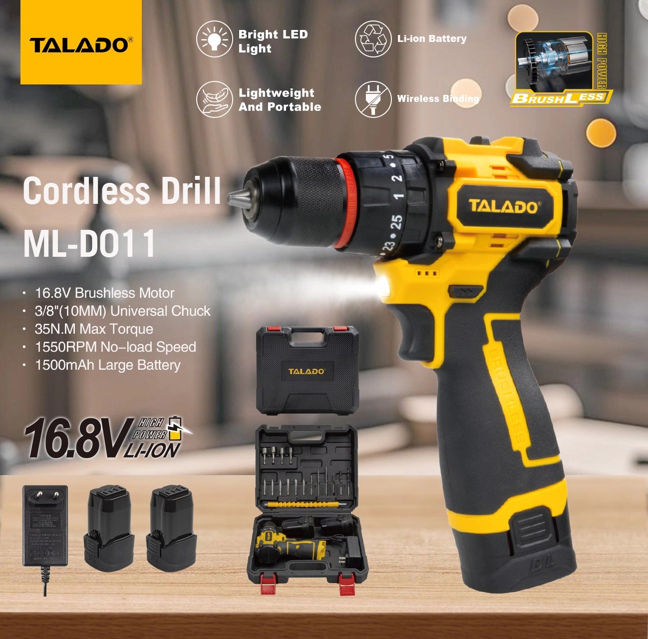 Taladro inal&aacute;mbrico sin escobillas de 16,8 V, taladro de mano de alto par de 35N.M para renovaci&oacute;n de bricolaje en el hogar