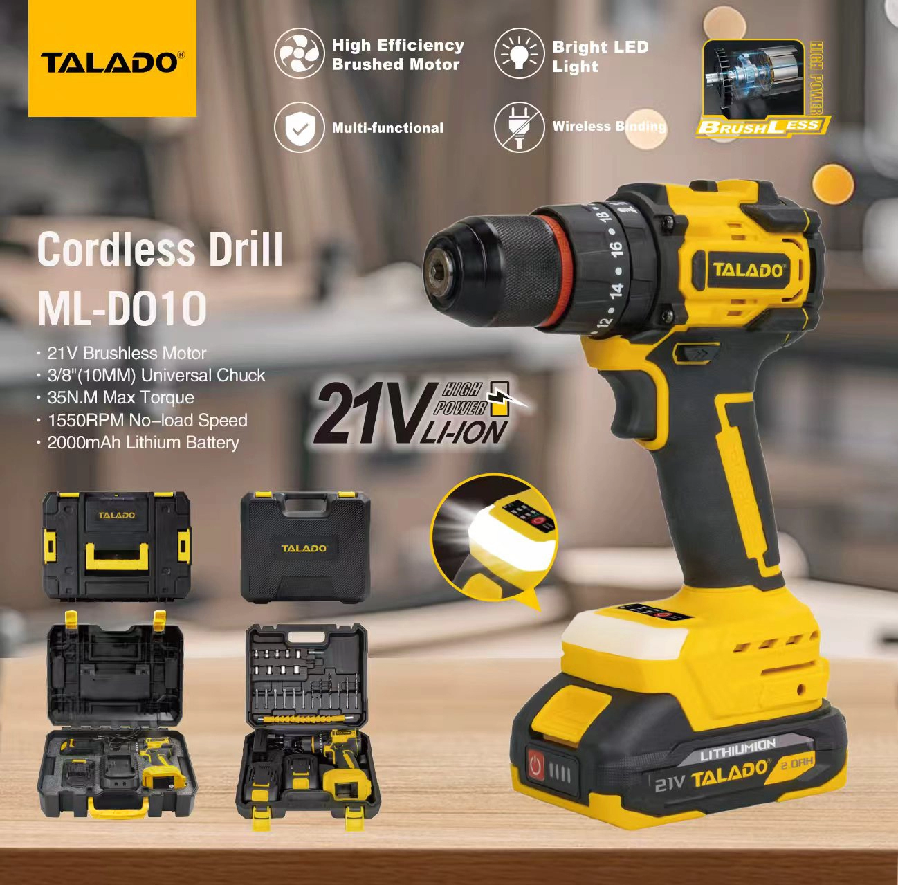 Taladro inal&aacute;mbrico sin escobillas de 21 V, taladro el&eacute;ctrico con bater&iacute;a intercambiable de alto par de 35 N.M para reparaci&oacute;n y renovaci&oacute;n diarias