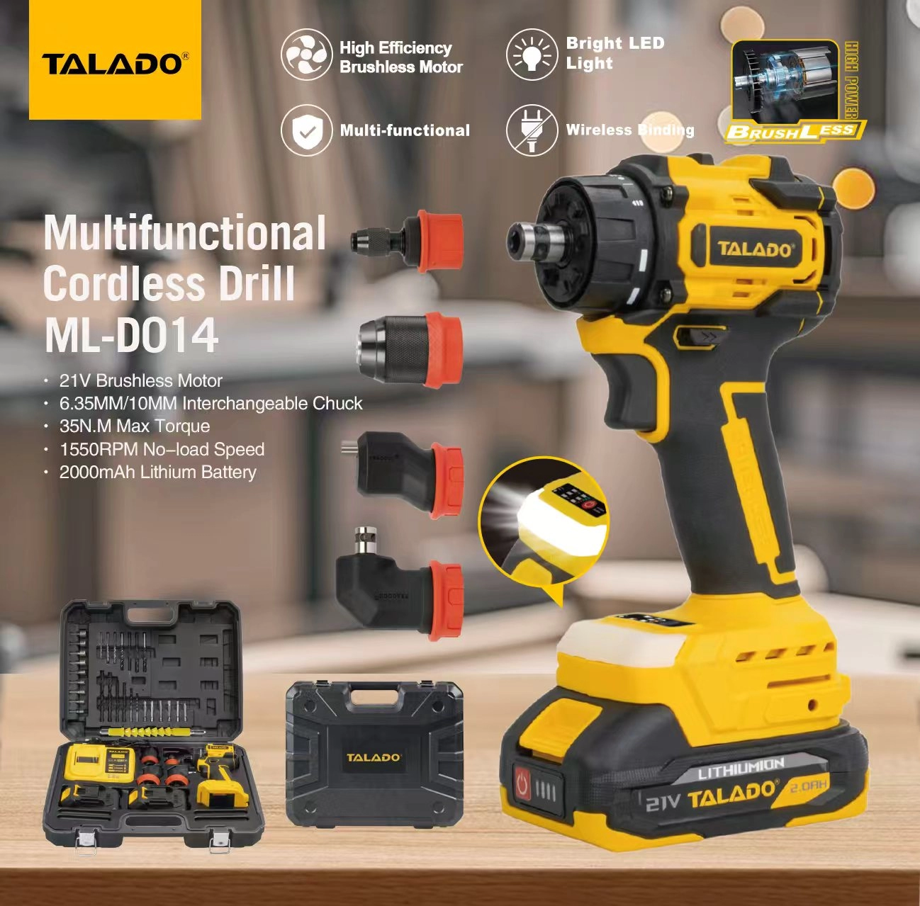 Taladro inal&aacute;mbrico multifuncional de 21 V